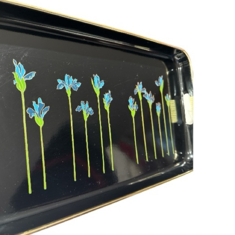 Set of 3 Japanese Lacquerware Nesting Serving Trays Blue Irises Woven Handles - Picture 5 of 12
